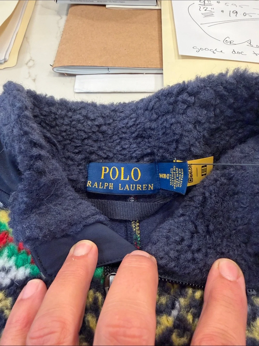 POLO Ralph Lauren Navy Sherpa Zip-Up Jacket with Multicolor Fair Isle Yoke
